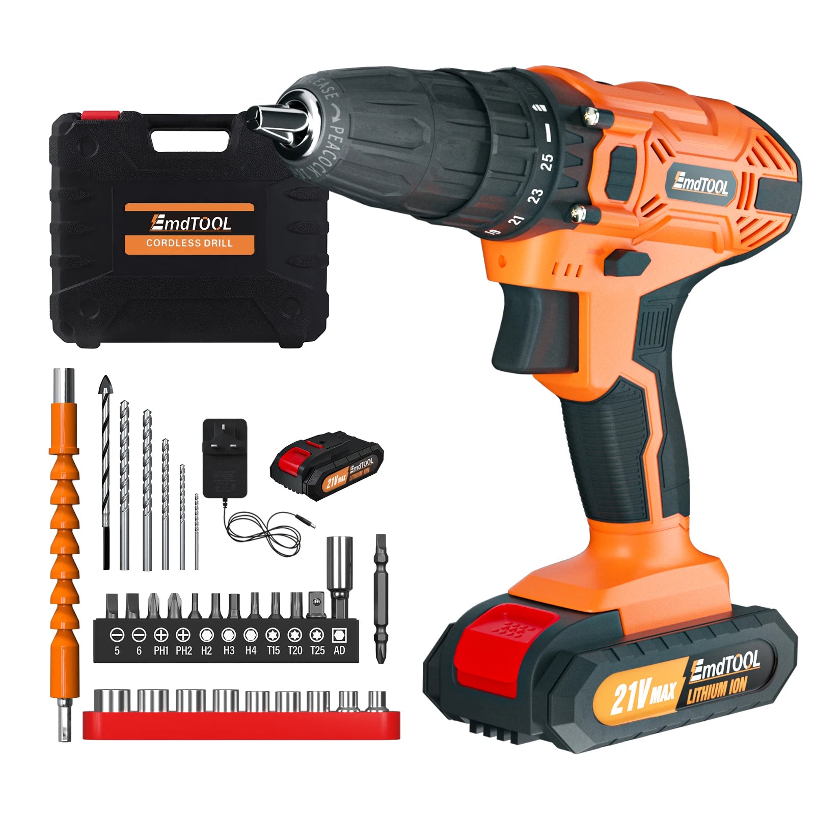 Cordless Drill Driver 21V Battery Drill Set Electric Screwdriver Set, 25+1 Torque Setting, 2 Speed, LED Light for Home