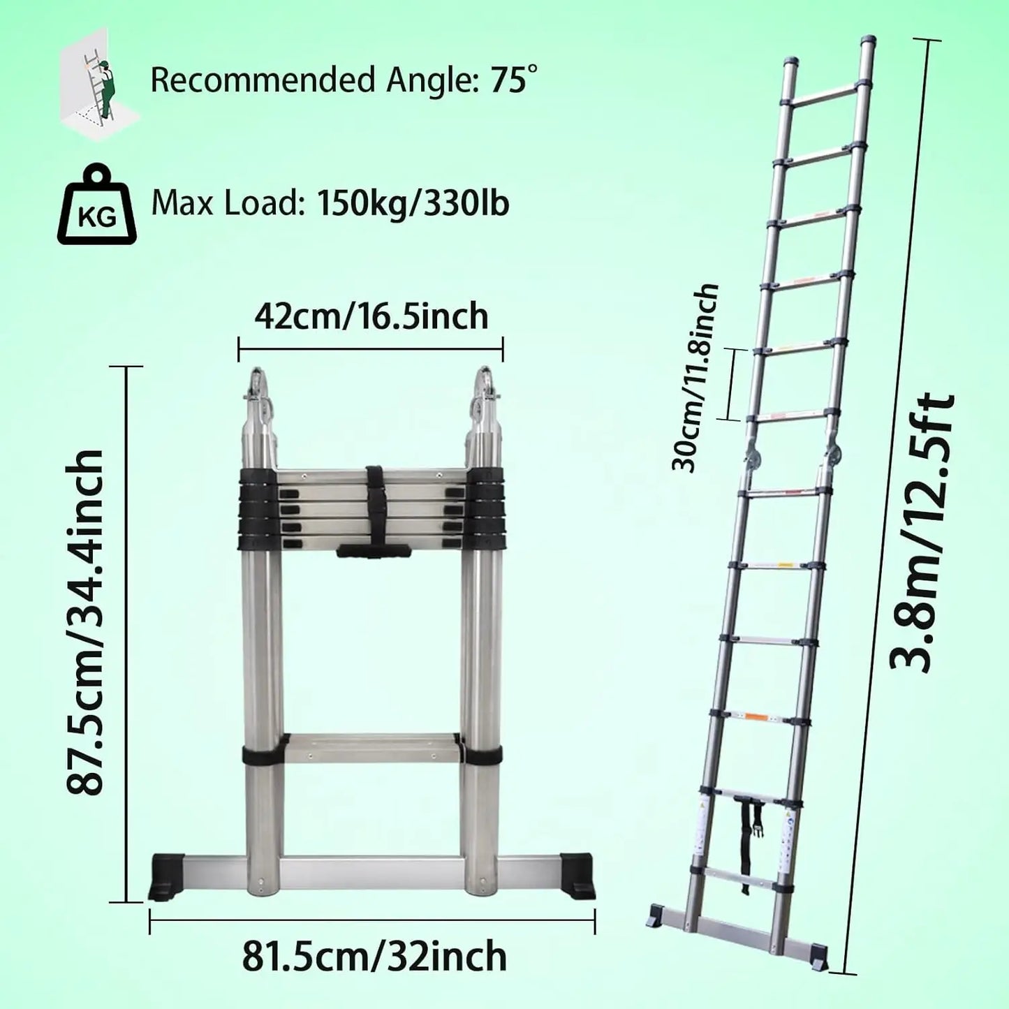 3.8M Multi-Purpose Folding Telescopic Ladder Extension Portable Loft Ladder 1.9M+1.9M a Frame Foldable Ladder 12 Steps