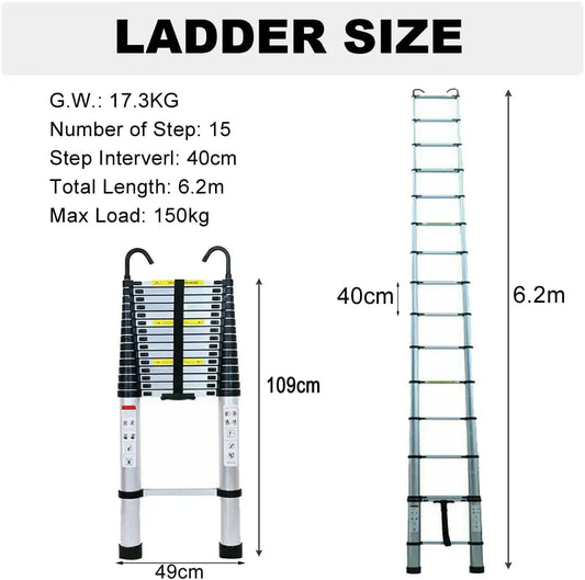 Telescopic Ladder 6.2M/20.3FT W/Detachable Hooks&Extendable Steps,Folding Tall Loft Collapsibleladder with Non-Slip Feet