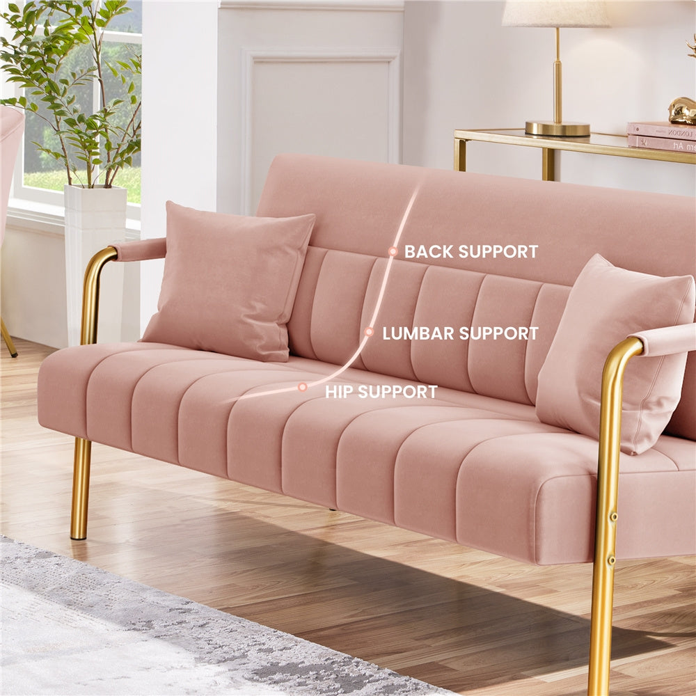 Sofa Couch Modern Velvet 143cm Loveseat with Gold-tone Metal Arms & Legs, Upholstered Design, Includes 2 Pillows