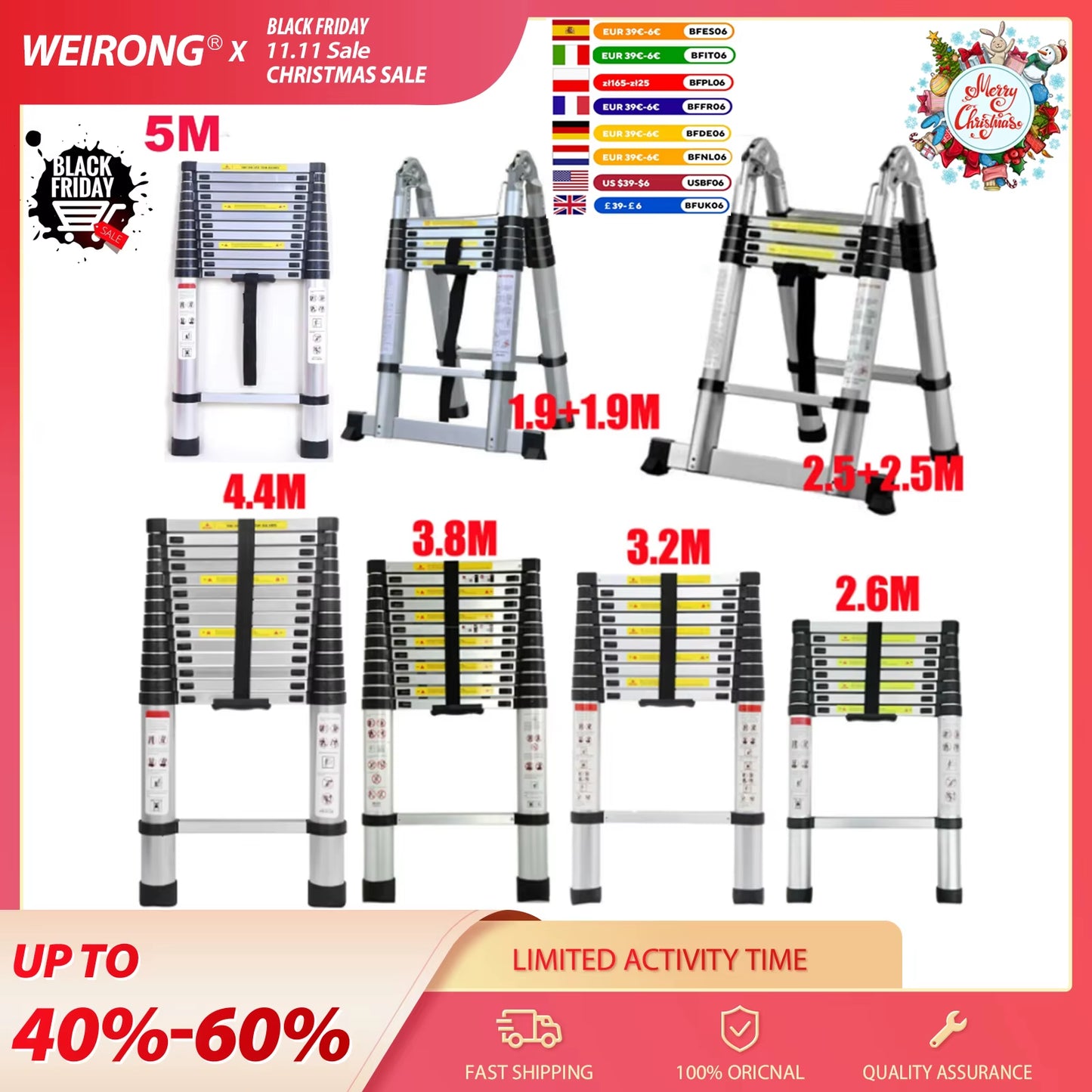 Sturdy 2.6M-5M Aluminum Telescopic Ladder - 330Lb Capacity, EN131 Certified for Home & Outdoor Use