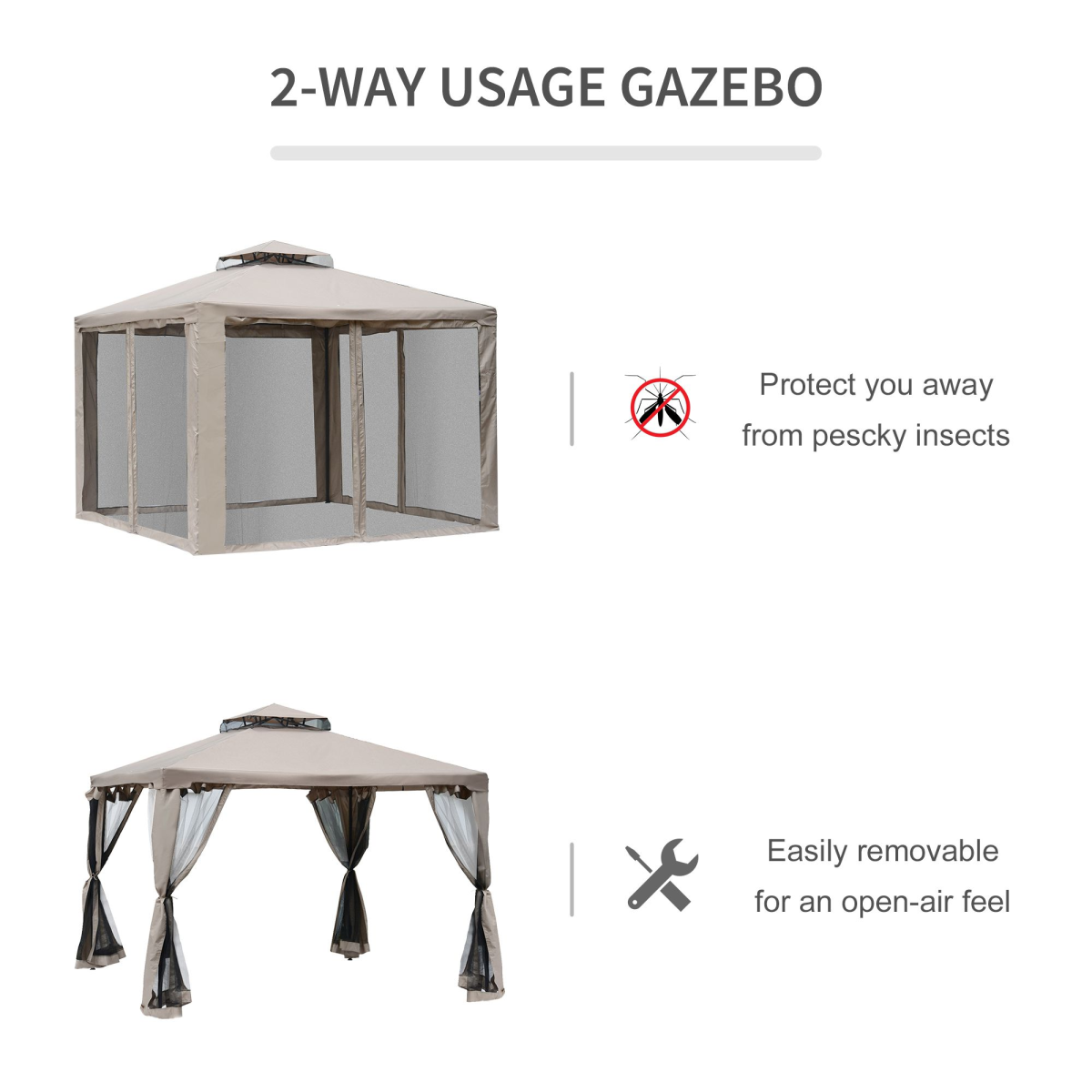 2-Tier Gazebo with Netting, 295x295x263 cm, Taupe