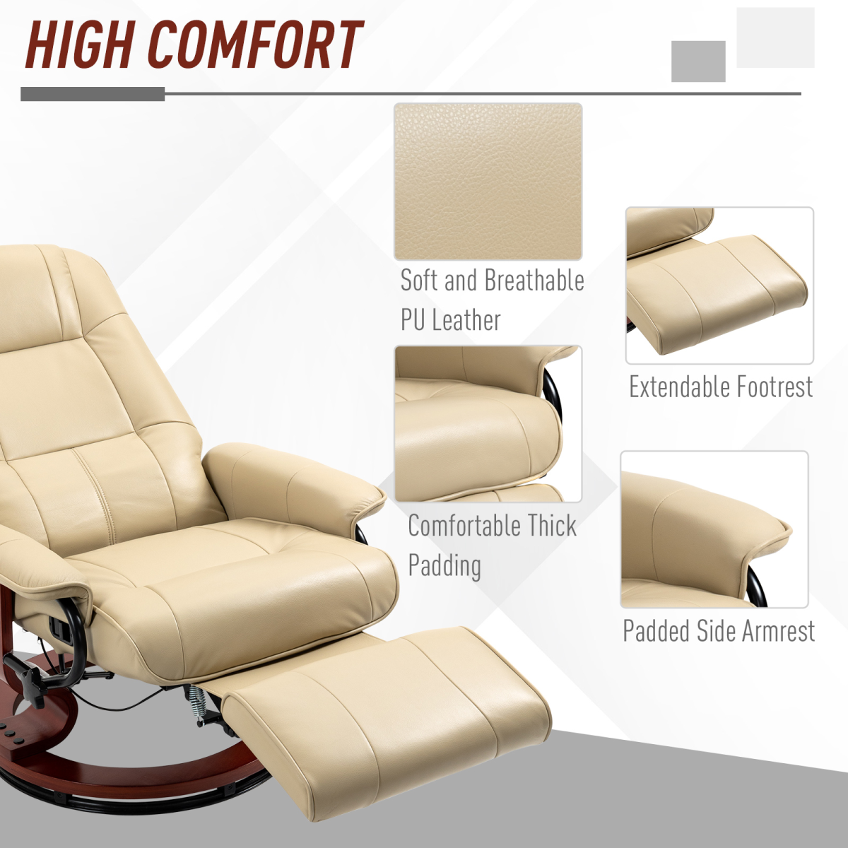 Ergonomic PU Leather Recliner Chair, Cream Lounger Armchair