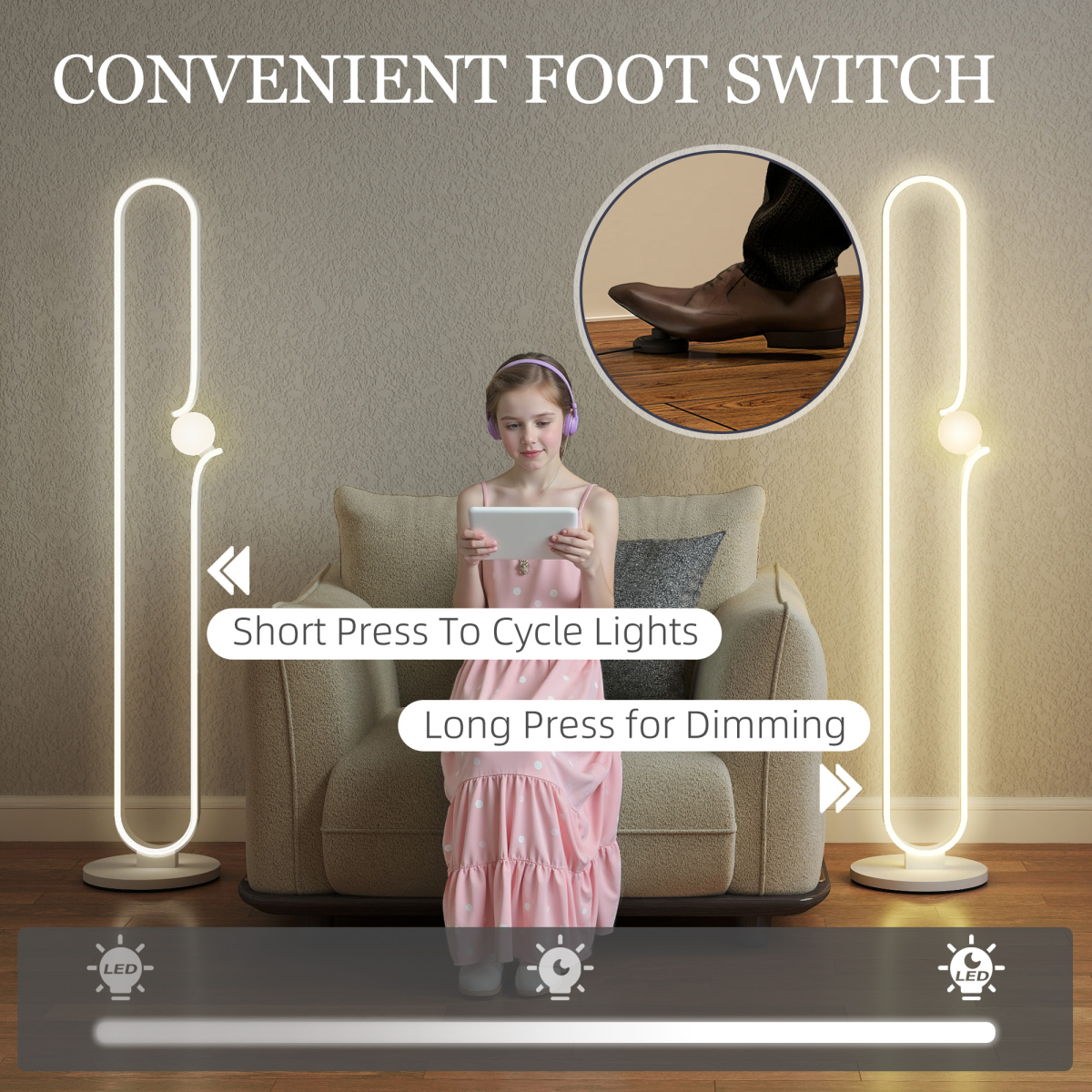 Dimmable LED Floor Lamp: Elegant Glass Shade & Foot Switch Control