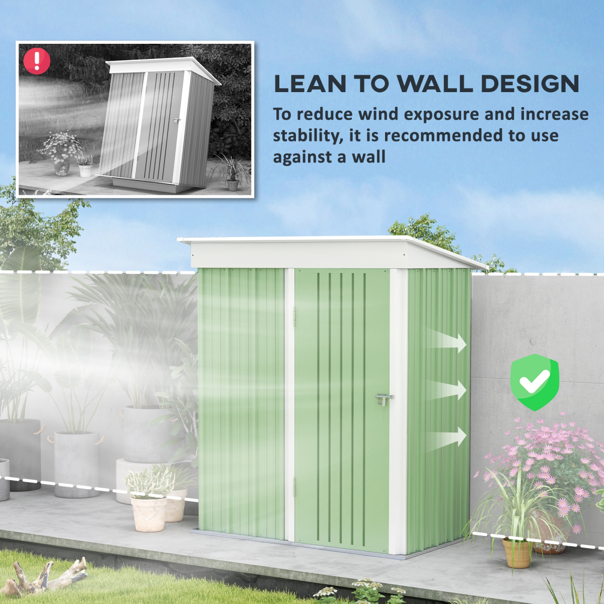 5x3 ft Steel Lean-To Garden Shed - Lockable, Bike-Tool Ready, Green