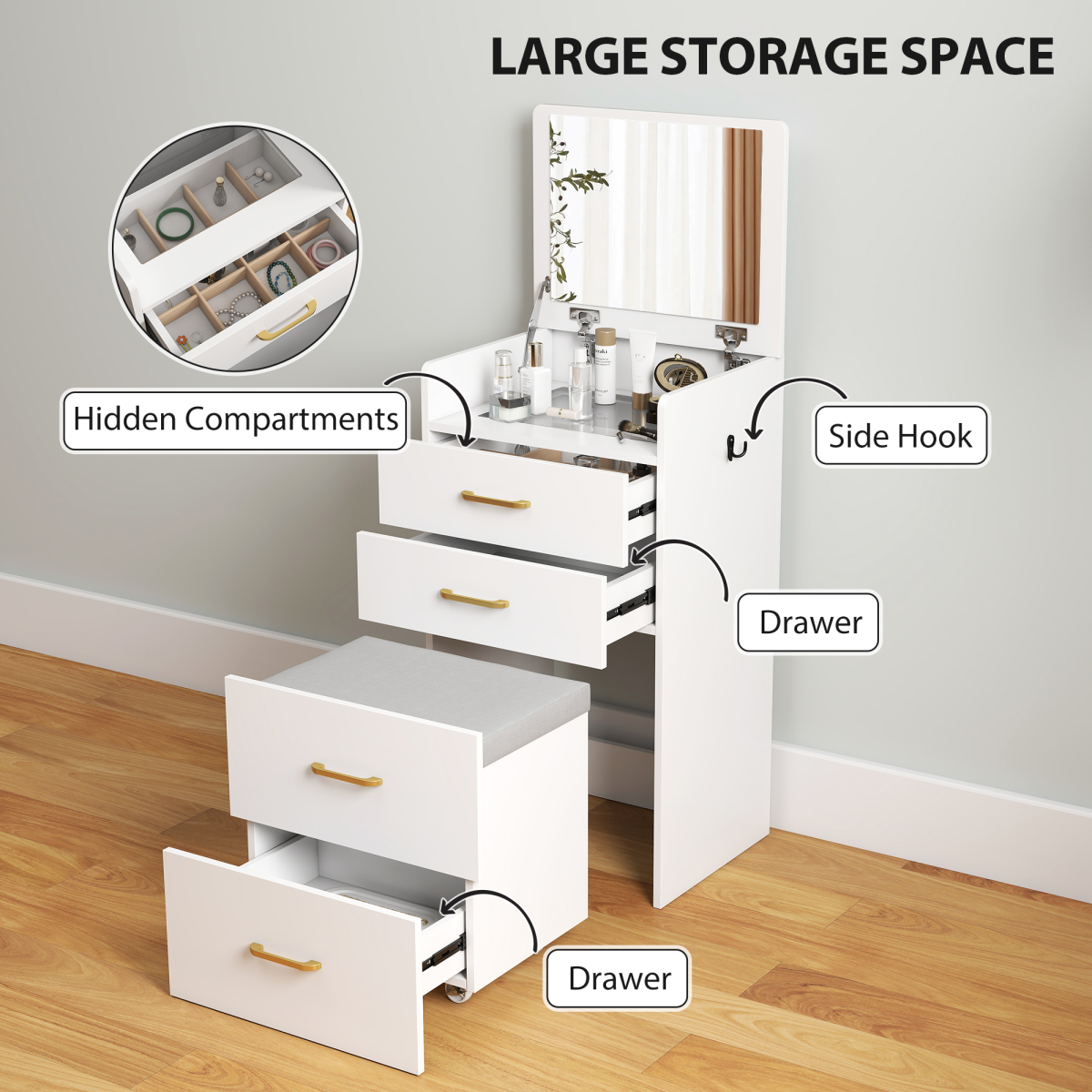 Versatile 3-in-1 Vanity Desk with Mirror & Cushioned Stool