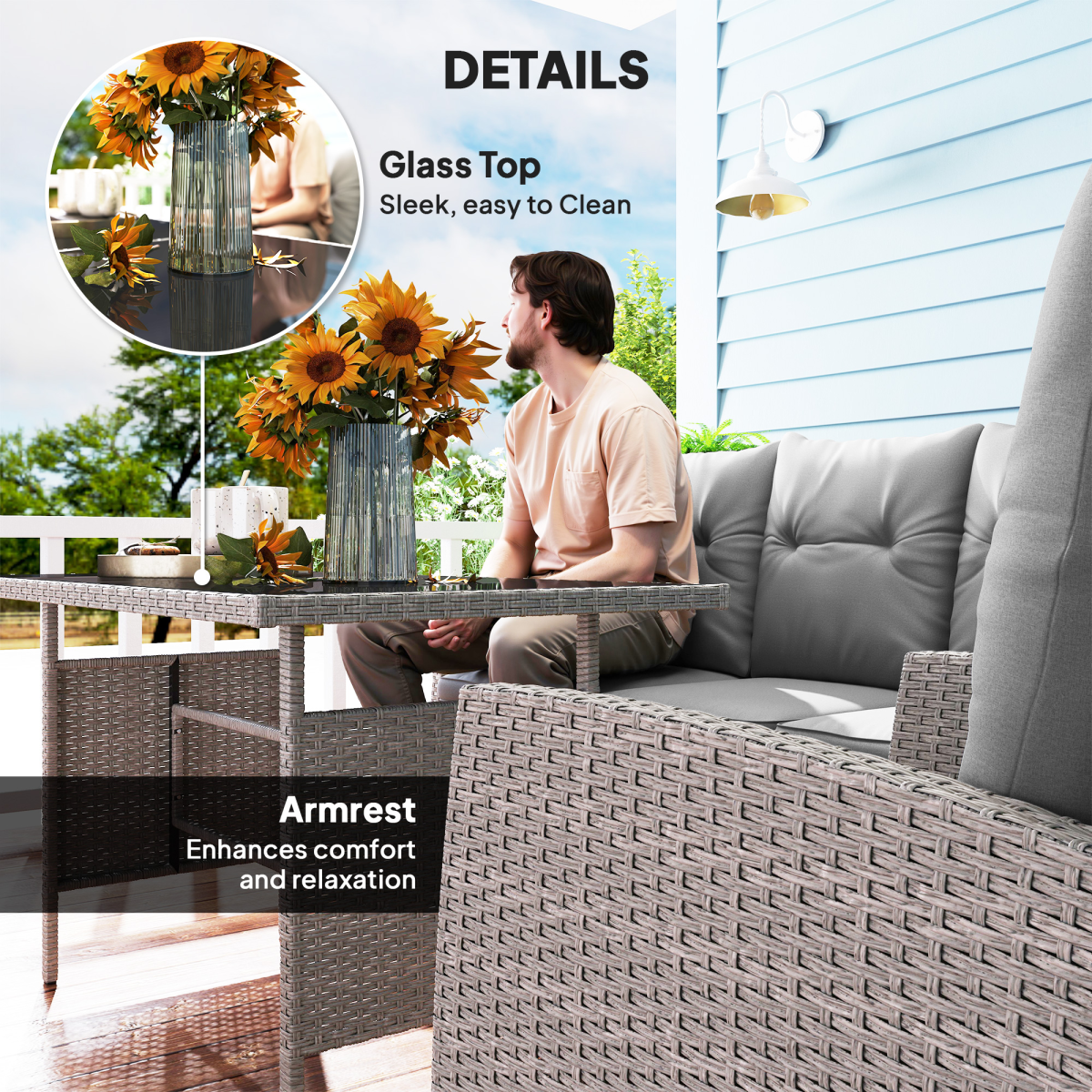 6-Piece Grey Rattan Garden Sofa Set with Glass Table