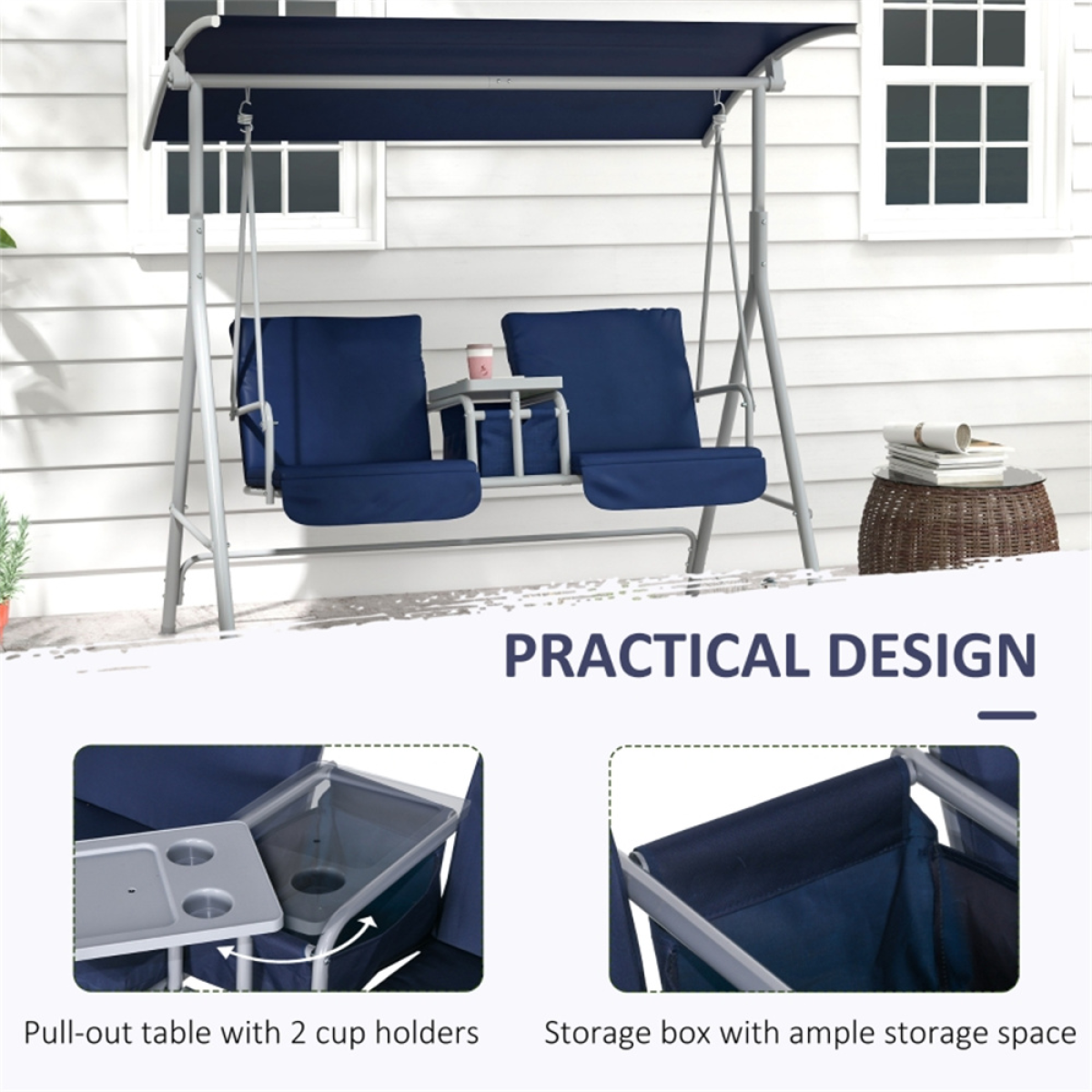 Double Delight Outdoor Patio Swing Chair with Canopy & Storage - Dark Blue