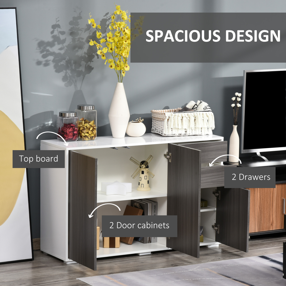 Stylish 2-Door & 2-Drawer Side Cabinet - Modern Grey & White Design
