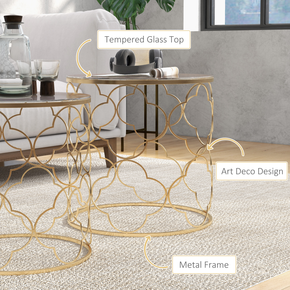 Stylish Nesting Tables Set - Chic Glass Top & Gold Accent Design