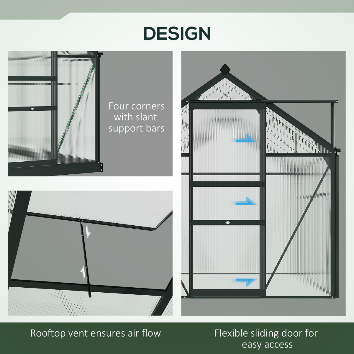 Walk-In Polycarbonate Garden Greenhouse, Aluminium Frame, Sliding Door 6x4ft