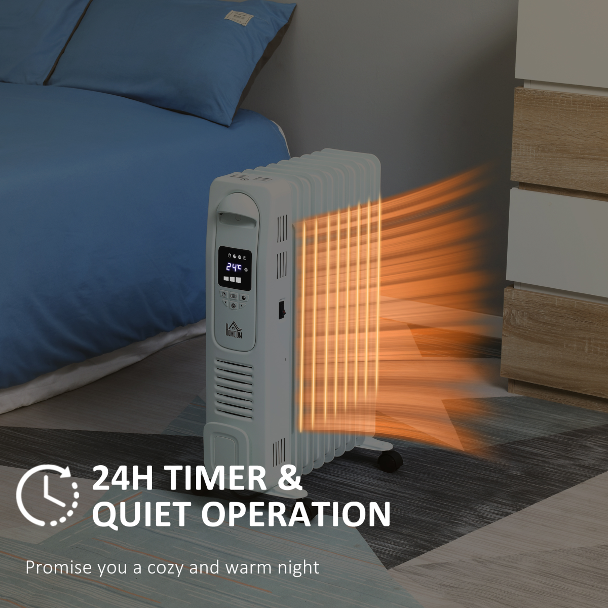 2000W Digital Oil-Filled Radiator, 9-Fin, Remote, 24h Timer, White