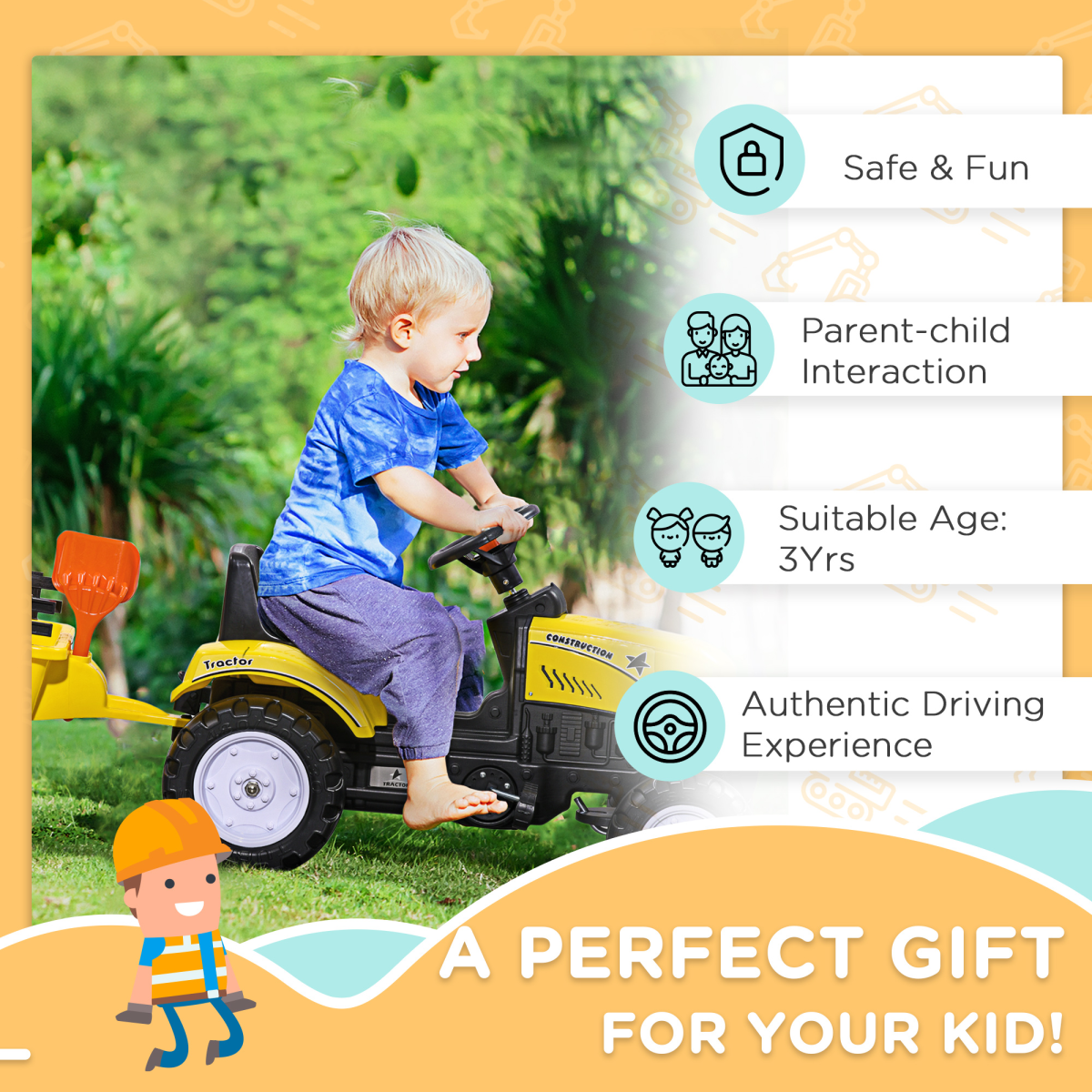 Pedal Go-Kart Tractor with Shovel & Rake, 4 Wheels