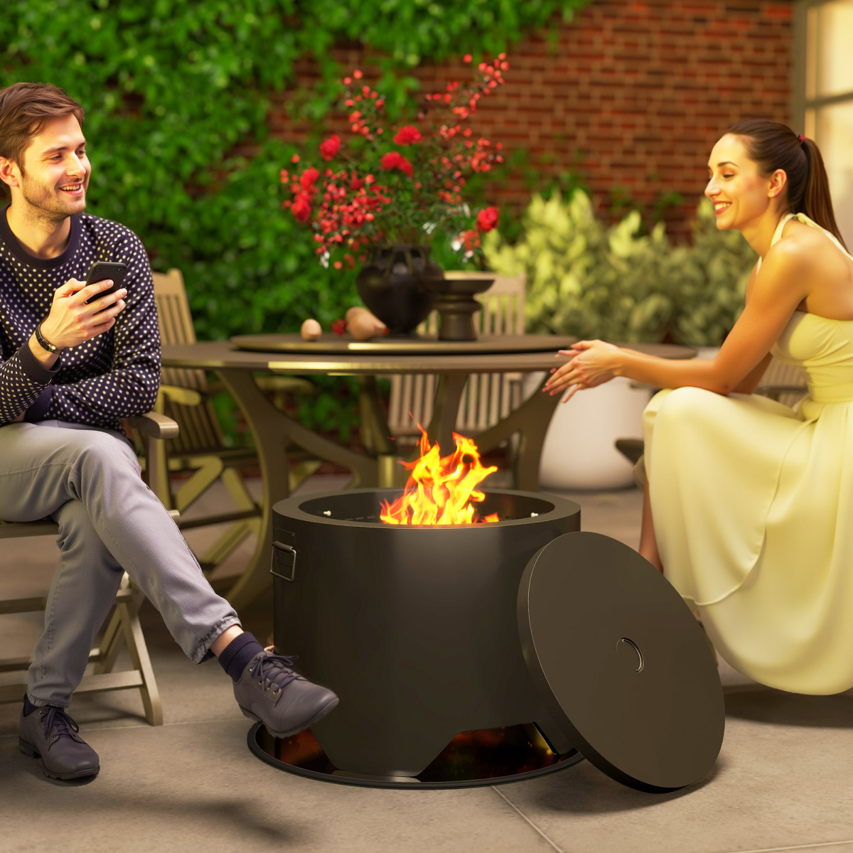 Stylish Round Fire Pit with Lid & Poker - Perfect for Cozy Gatherings