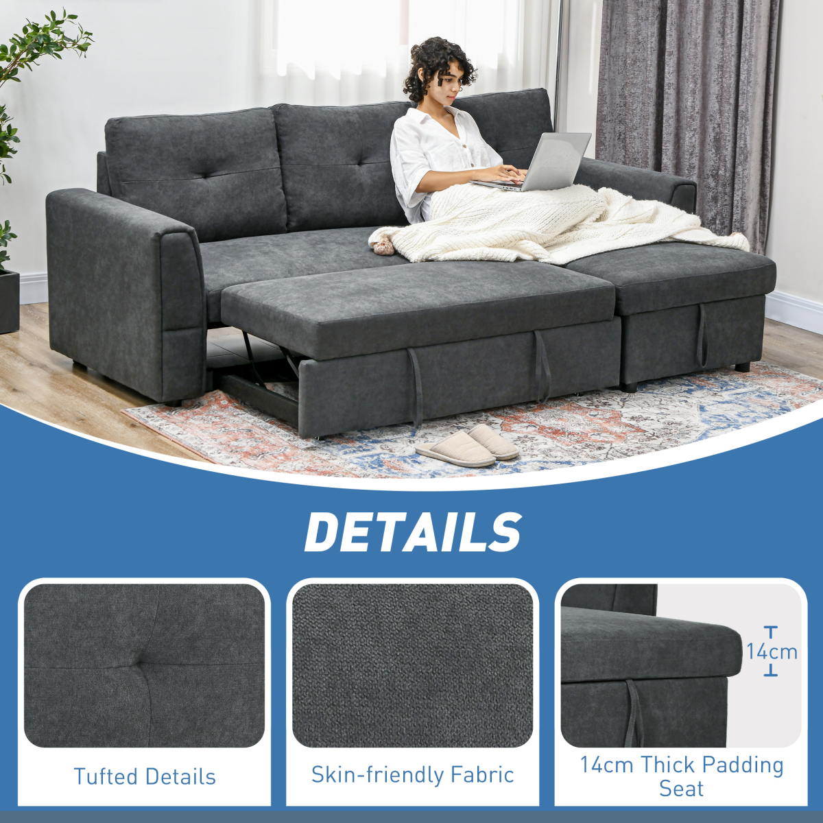 3-Seater Sofa Bed with Storage, Convertible Chaise - Dark Grey