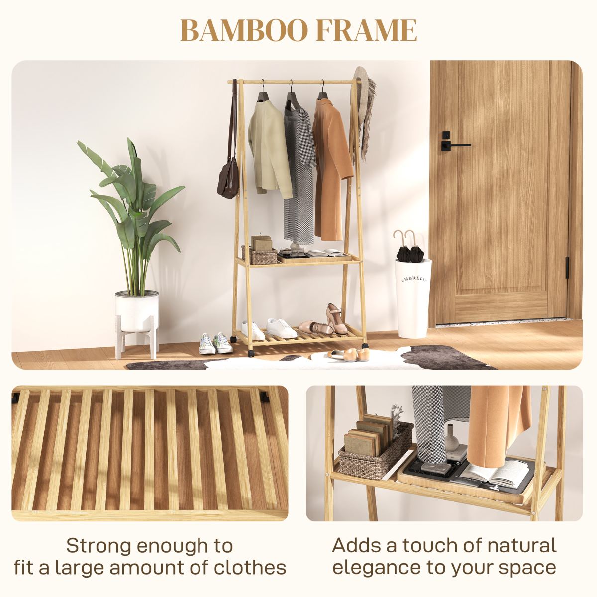 Stylish Bamboo Clothes Rack with Storage Shelves & Hooks - Natural Design