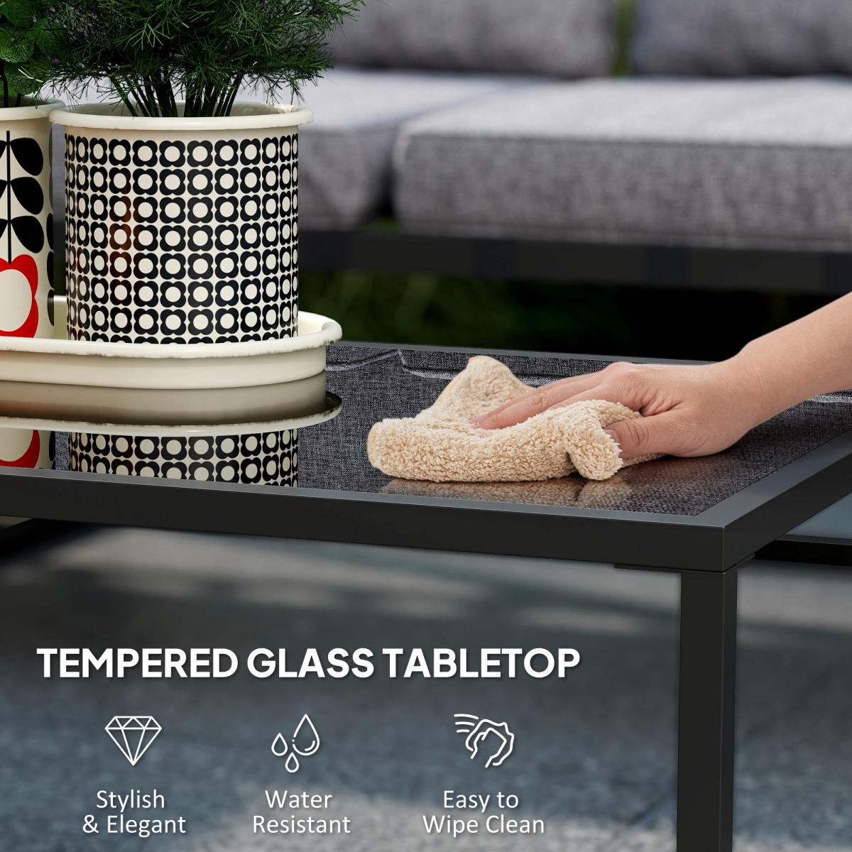 Grey 3-Piece L-Shaped Garden Furniture Set with Cushions & Glass Table