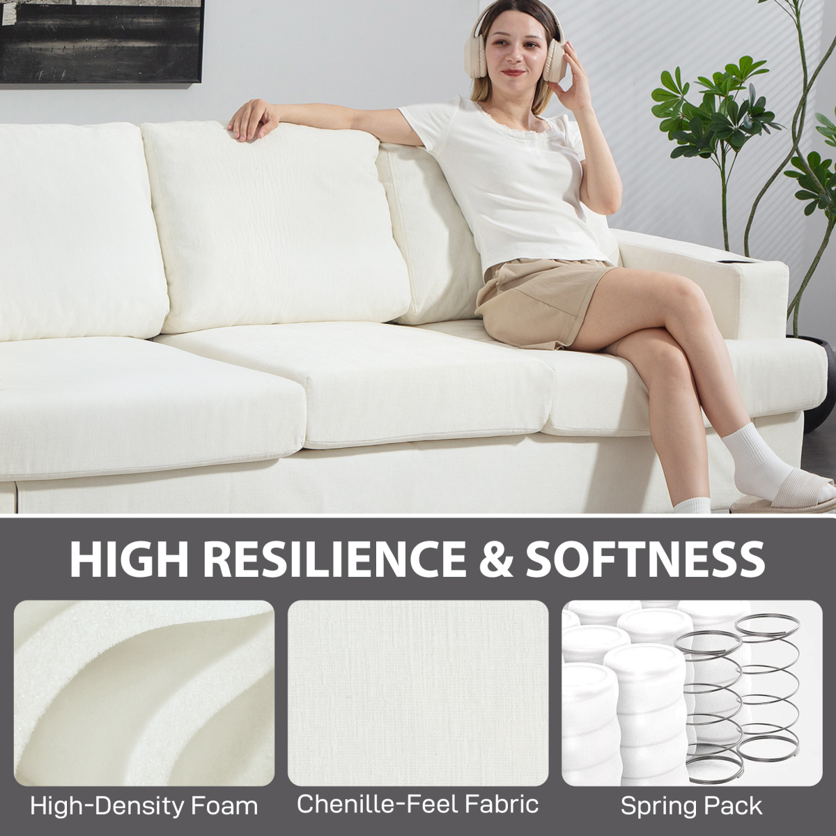 Cozy 3-Seater Sofa with USB Ports & Cup Holders - Cream Chenille Bliss