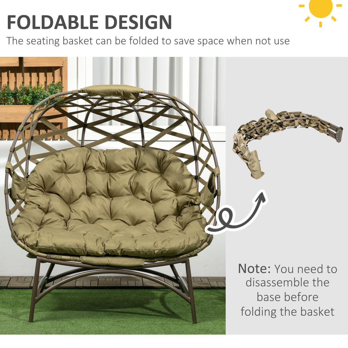 2-Seater Egg Chair with Cushions & Cup Pockets - Khaki