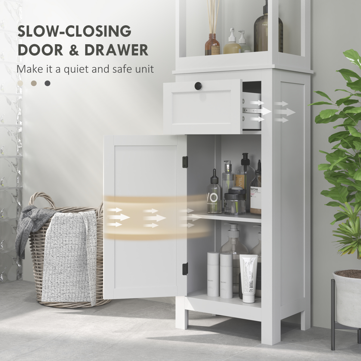 Slim Stylish Bathroom Storage Cabinet - Open Shelves & Drawer