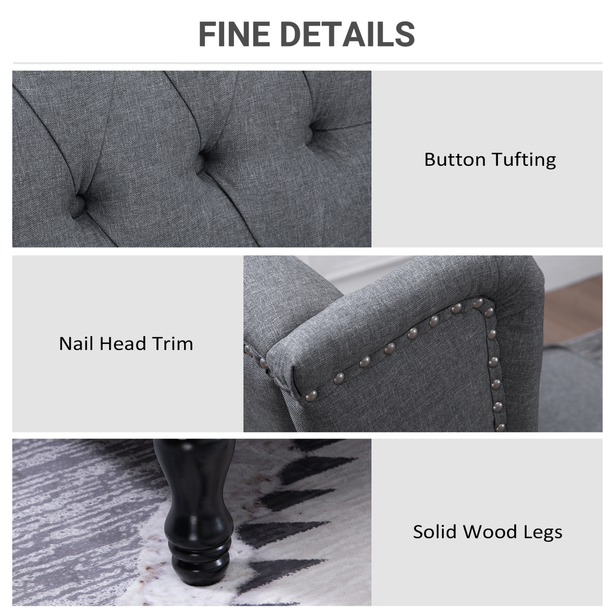 Manual Recliner Armchair with Footrest - Light Grey Fabric, Tufted Back