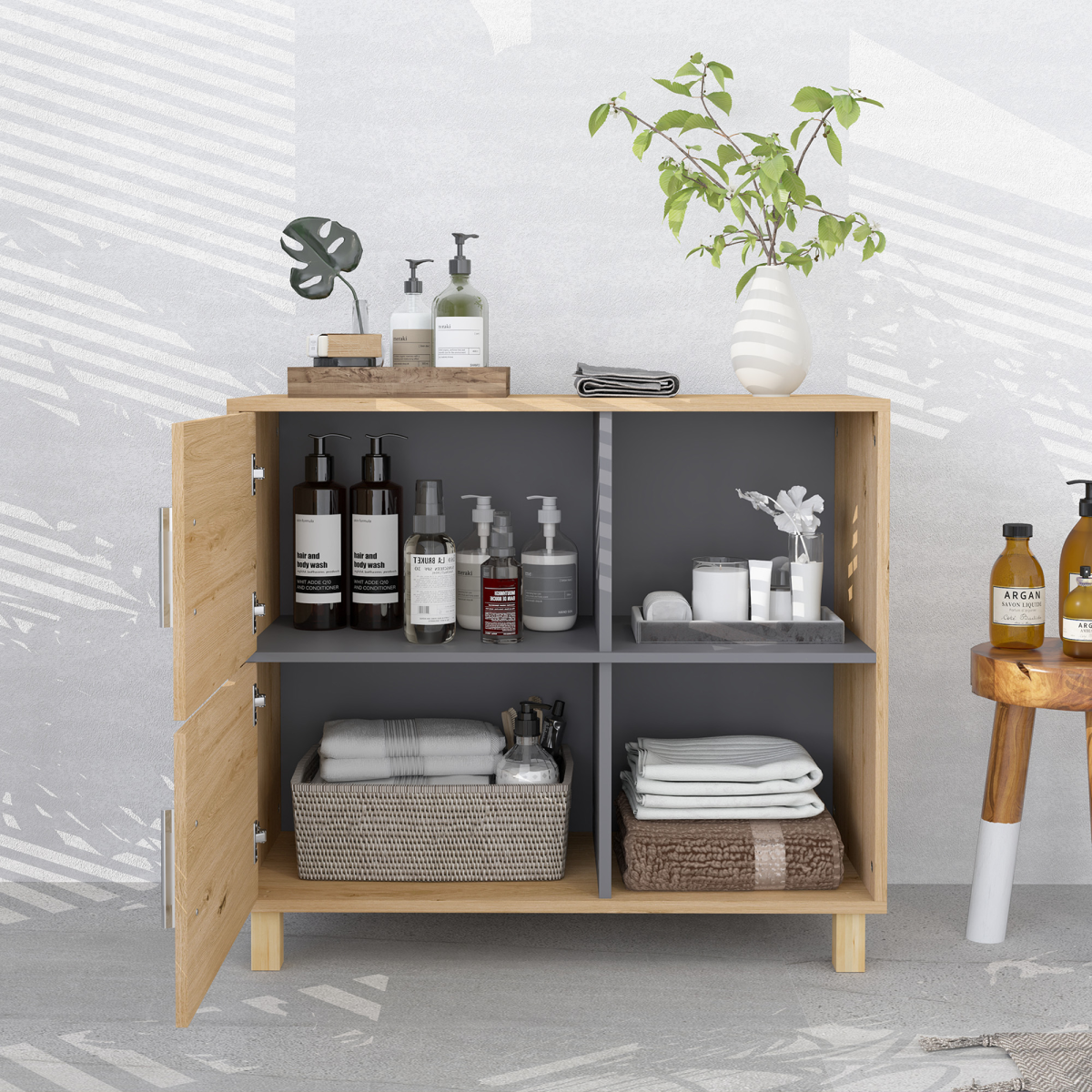 Sleek Bathroom Storage Cabinet - Stylish Dual Cupboards & Open Spaces!