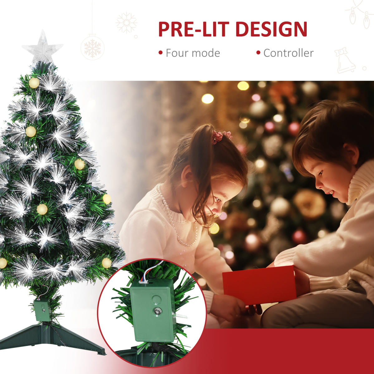 3ft White LED Christmas Tree, 90 LEDs, Star Topper, Tri-Base, Pre-Lit