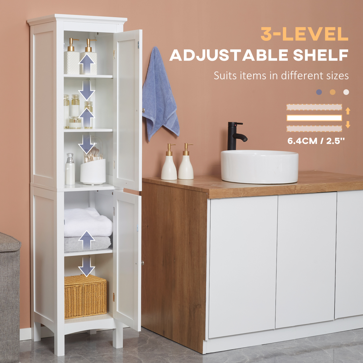 Kleankin Tall Bathroom Cabinet - Double Door Storage with Adjustable Shelves