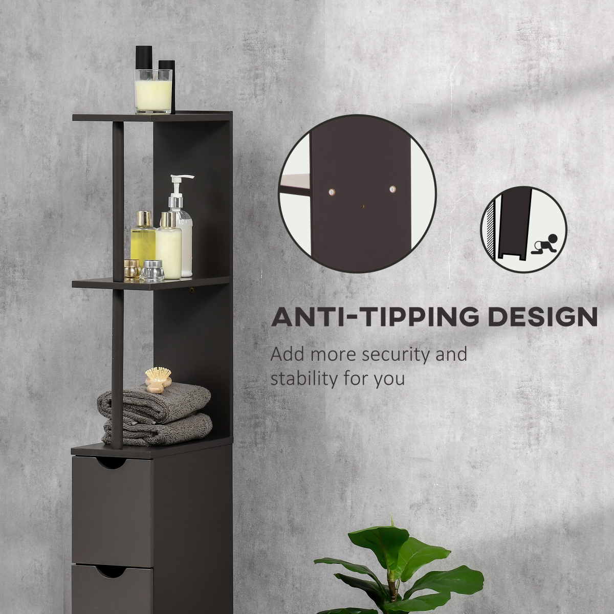 Elegant Tall Bathroom Storage Cabinet with Drawers & Shelves - Brown