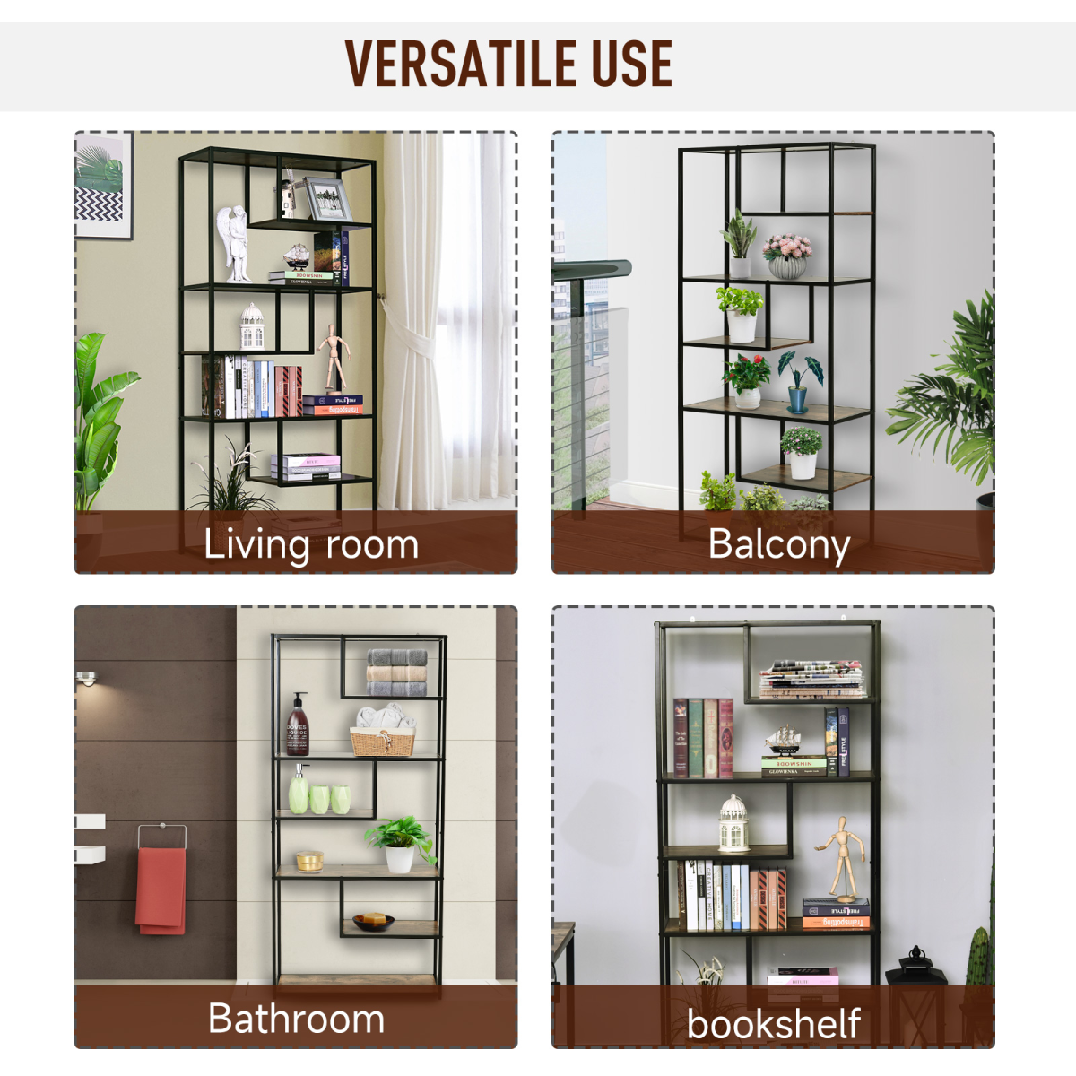 Industrial 6-Tier Wood Bookshelf - Stylish Living Room Display Rack
