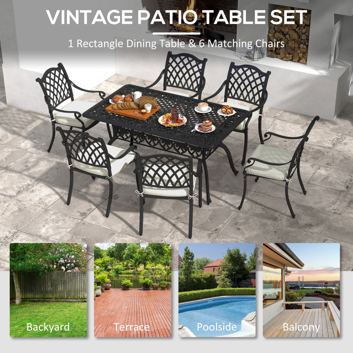 7-Piece Cast Aluminium Patio Dining Set with Umbrella Hole & Cushions