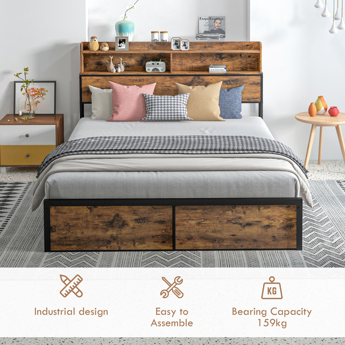 5.2ft King Bed Frame with Storage Headboard and Underbed Storage