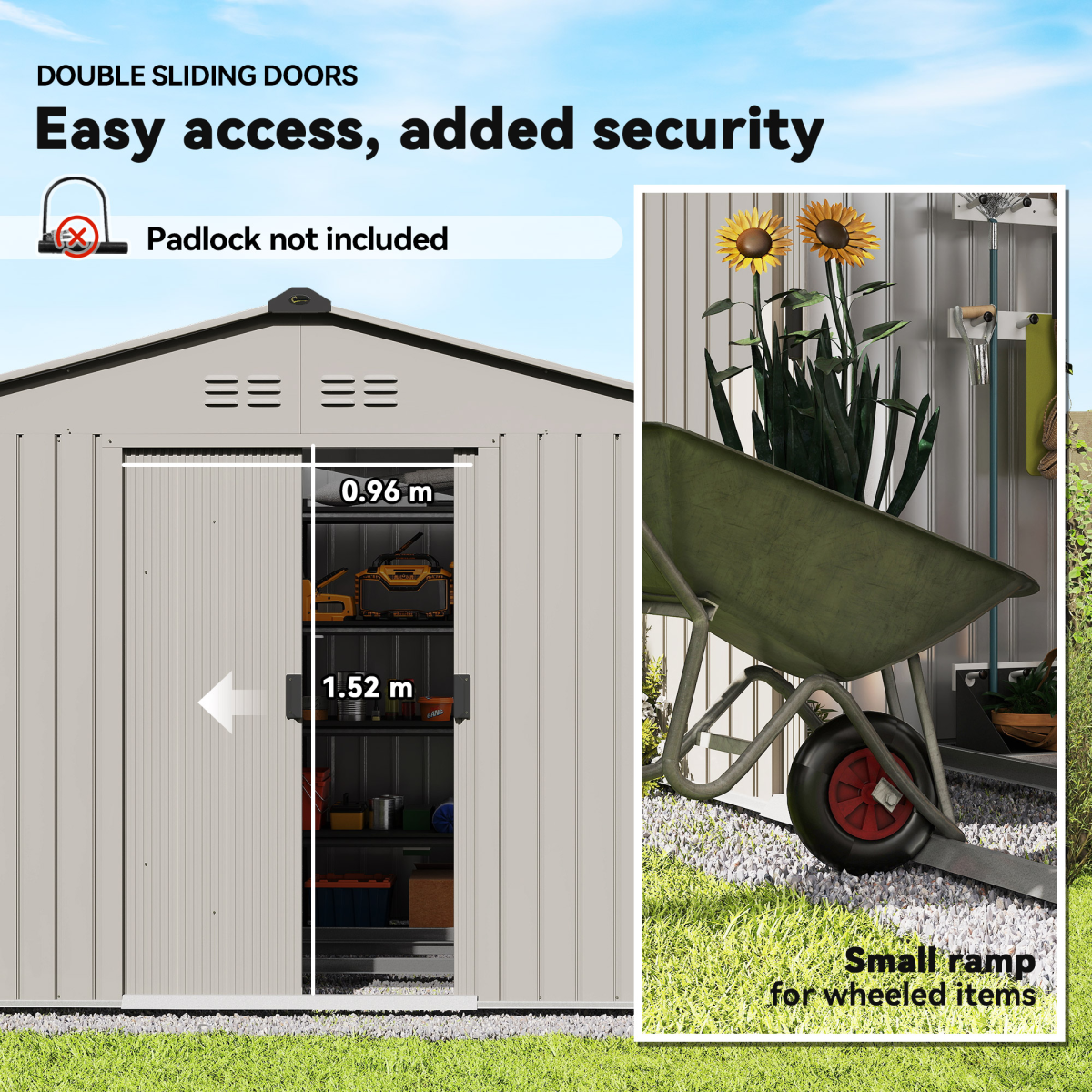 9x6ft Galvanised Garden Shed with Sliding Door - Lockable, Grey