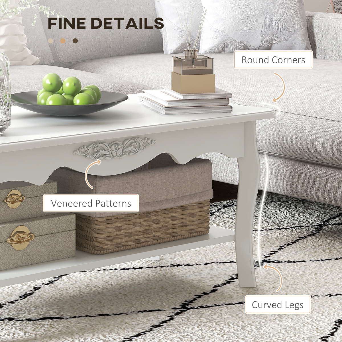 White Finish Coffee Table with Curved Legs & Magazine Shelf