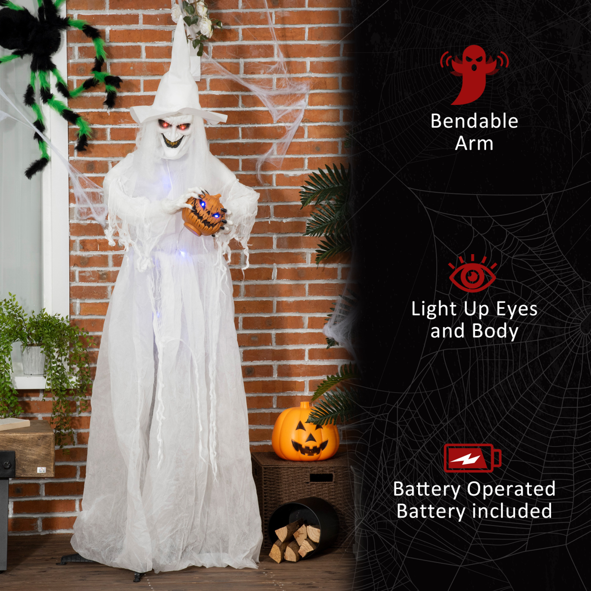 72-Inch Halloween Witch with Pumpkin, Skeleton Ghost, Motion-Activated Lights