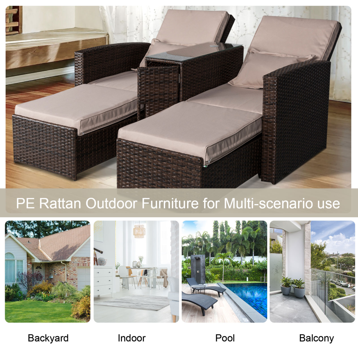 Double Rattan Sun Lounger Sofa with Adjustable Recline & Glass Table - Brown