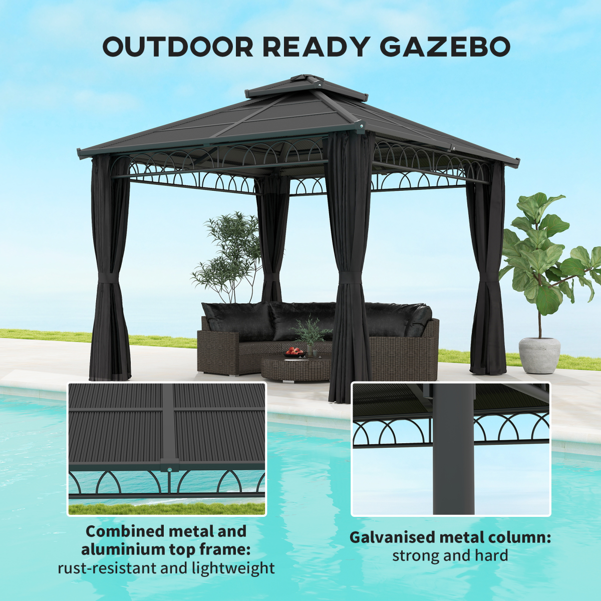 3x3m Double Roof Hard Top Gazebo with Mesh Nettings & Curtains