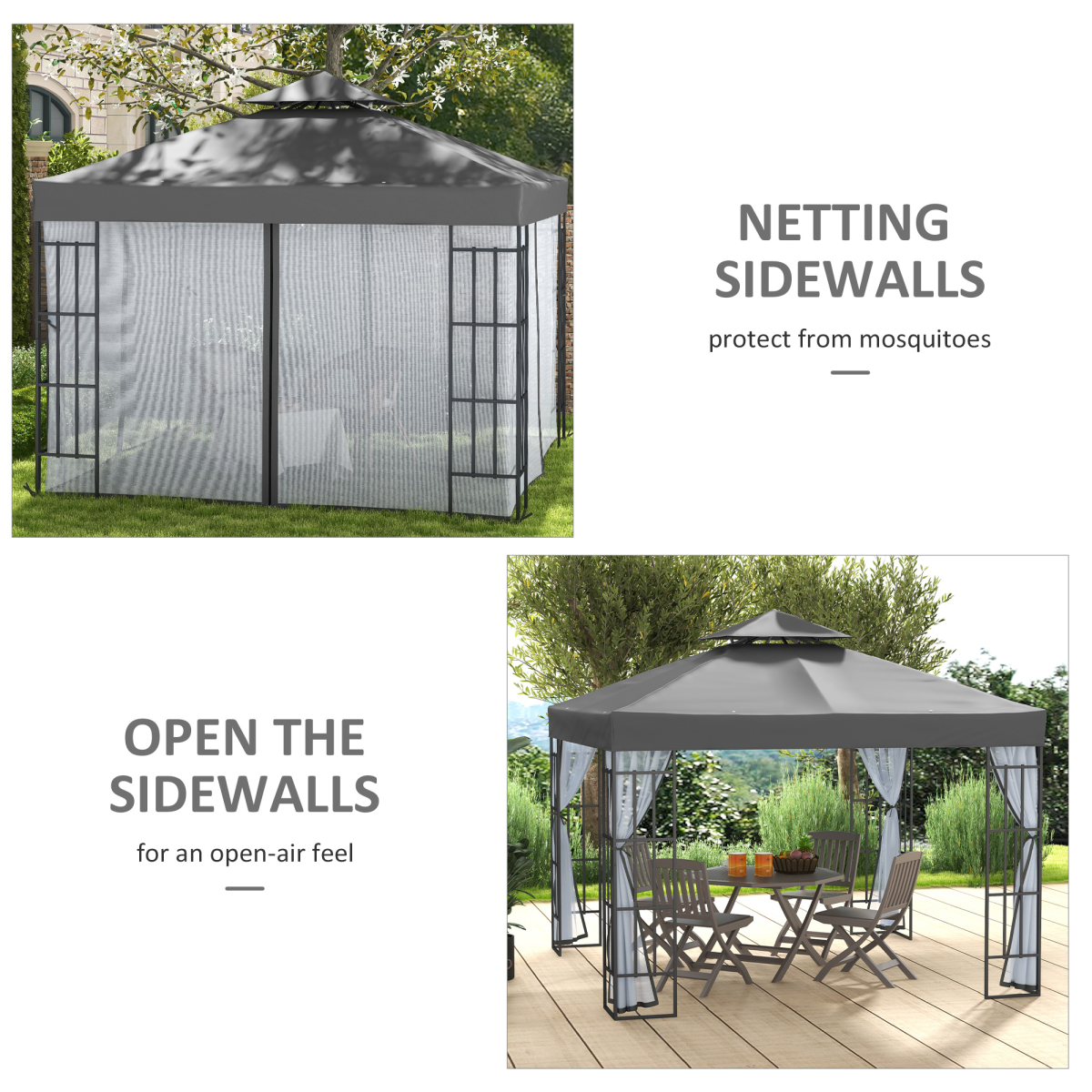 3x3m Gazebo with 2-Tier Vented Roof, Grey Patio Pavilion