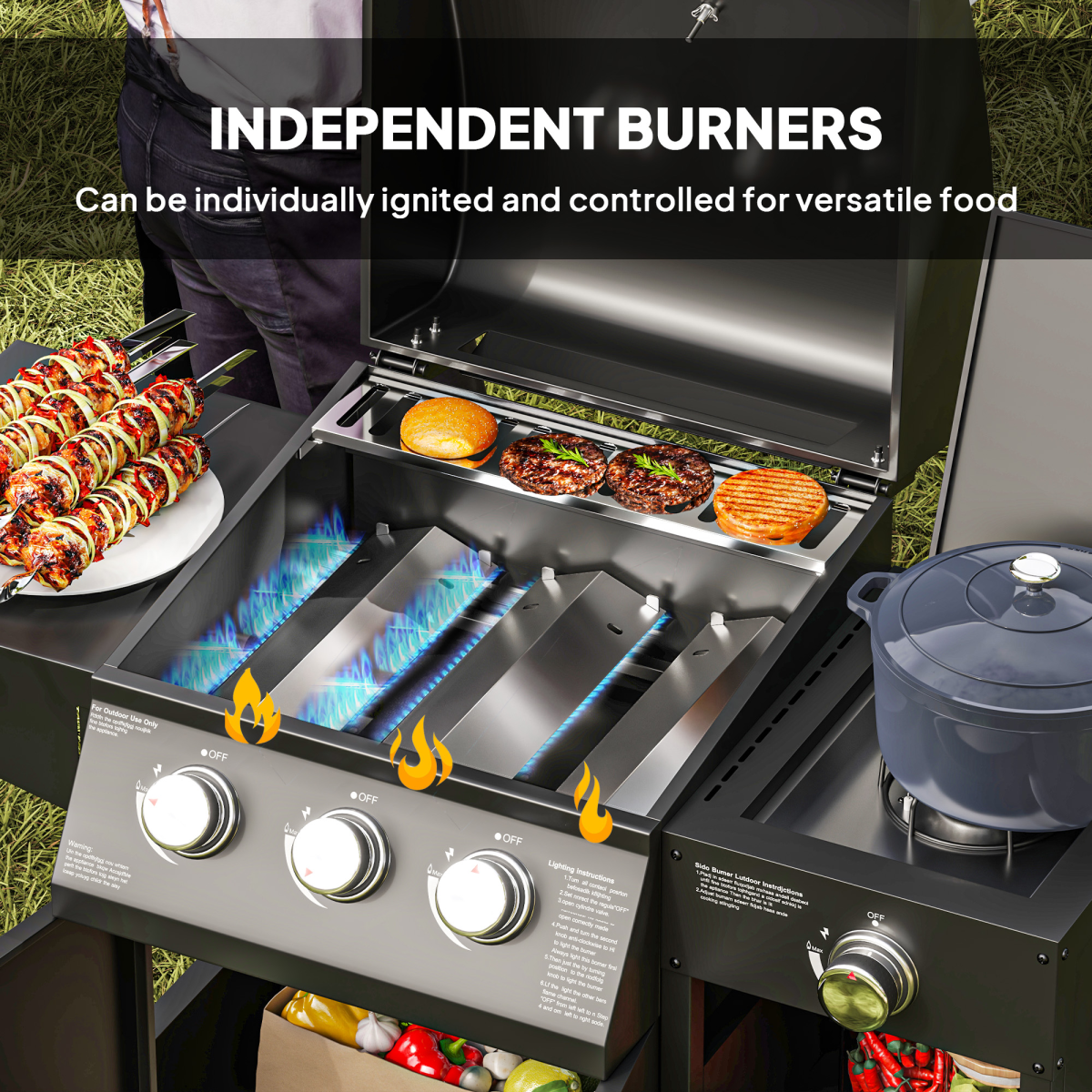 9.5 kW Gas BBQ Grill: 3 Burners, Side Burner & Storage Cabinet