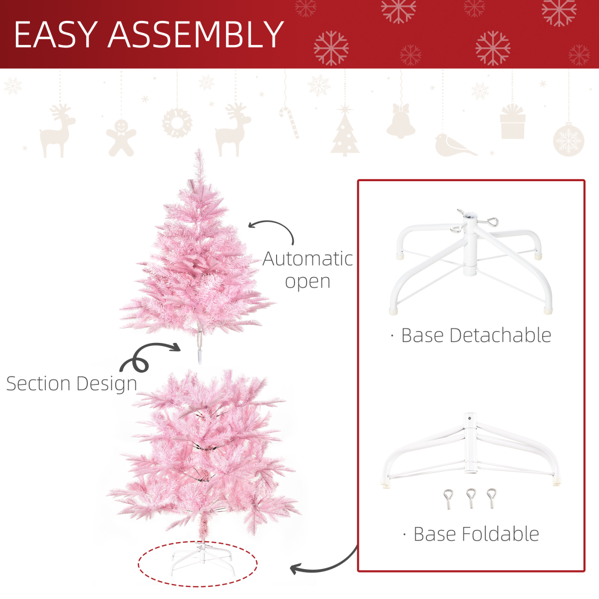 5ft Pink Artificial Christmas Tree - Automatic Open, Easy Setup, 576 Branches