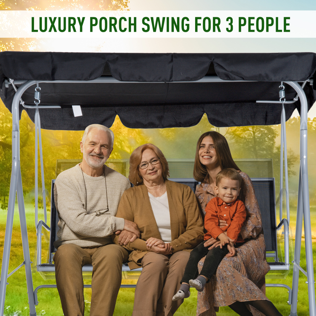 Black Outdoor 3-Seater Swing Chair - Weatherproof Patio Comfort