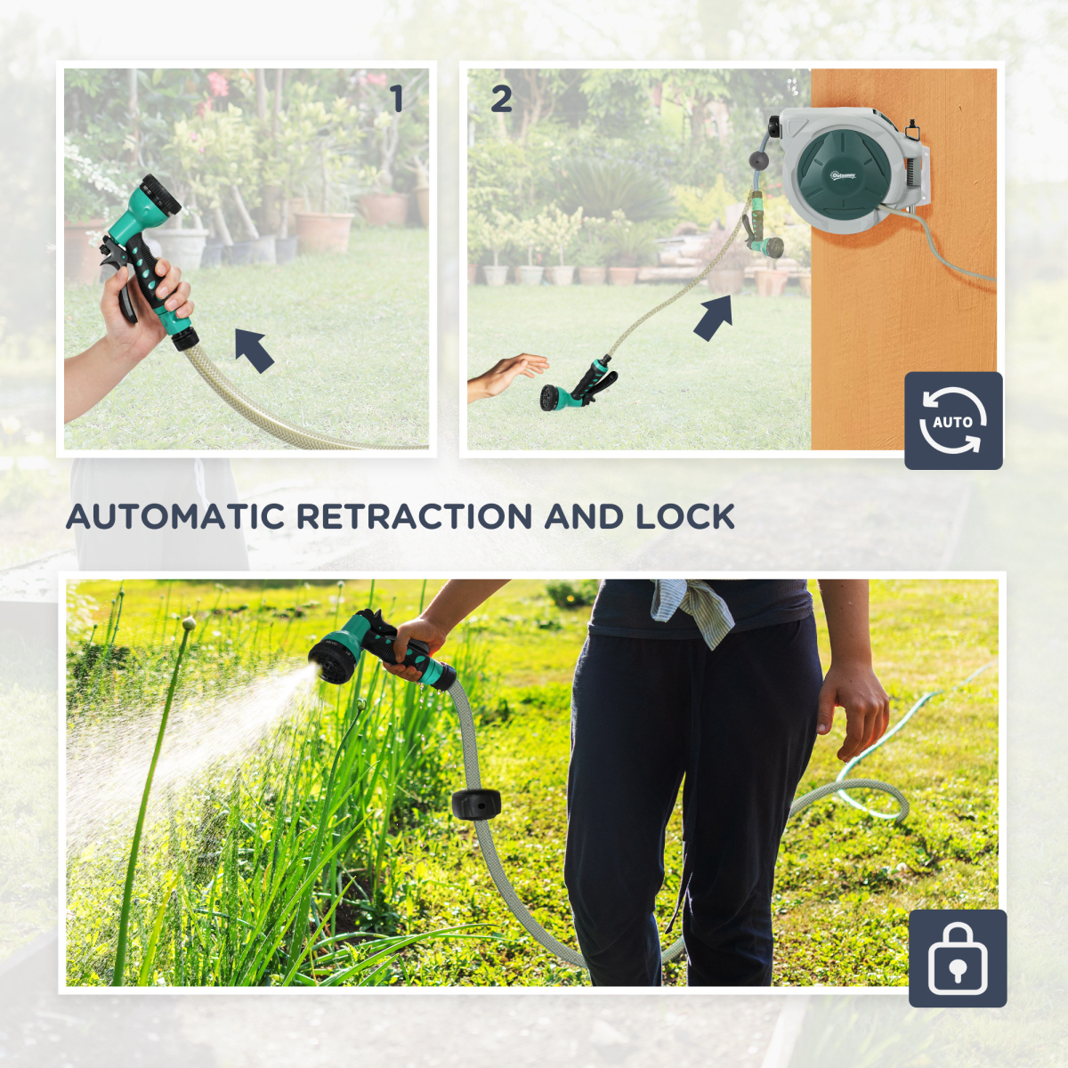 30m Retractable Wall-Mounted Hose Reel with Lock, Grey