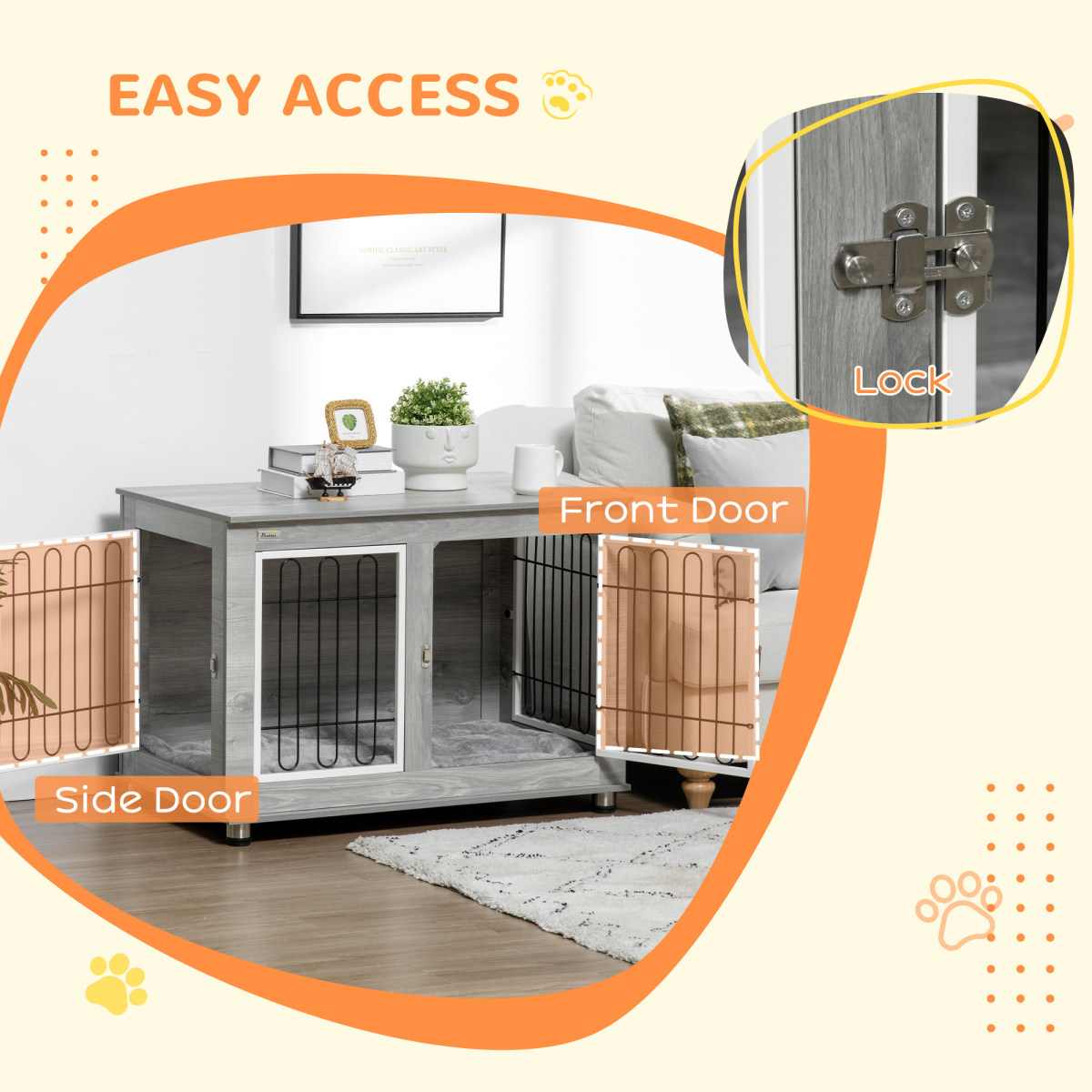 PawHut Modern Dog Crate End Table with Cushion - Double Doors
