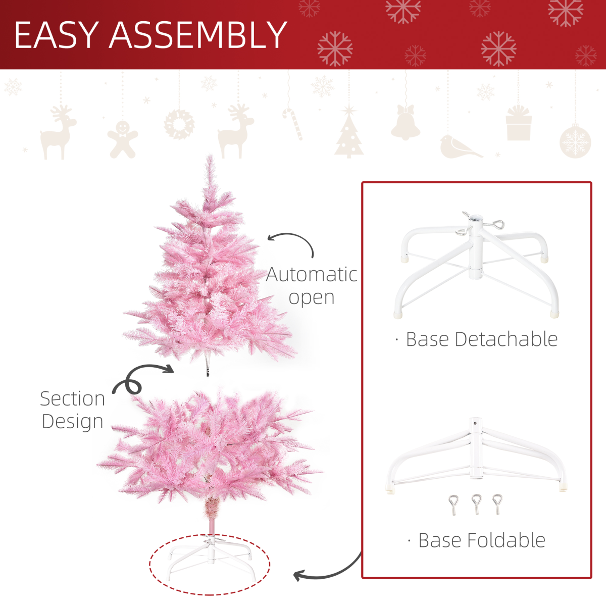 4ft Pink Artificial Christmas Tree - Auto Open, 341-Branch Full Look