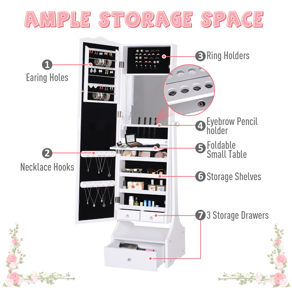 LED Illuminated Mirrored Jewelry Cabinet with Lock & Storage –  White