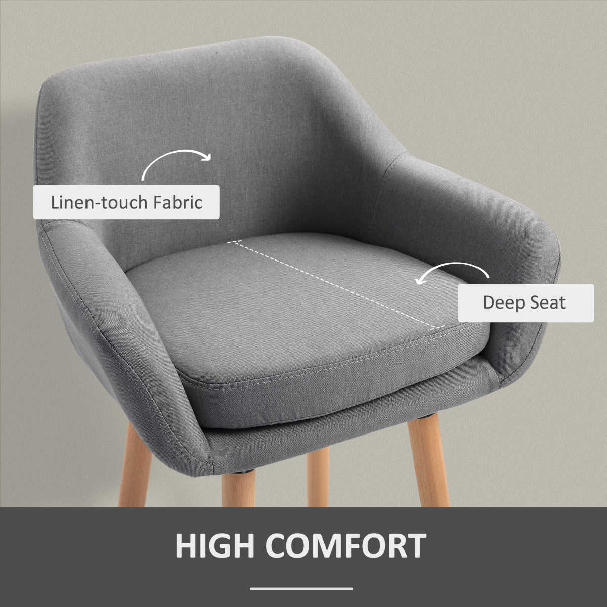 Modern Grey Upholstered Bucket Seat Bar Stools - Set of 2 with Solid Wood Legs