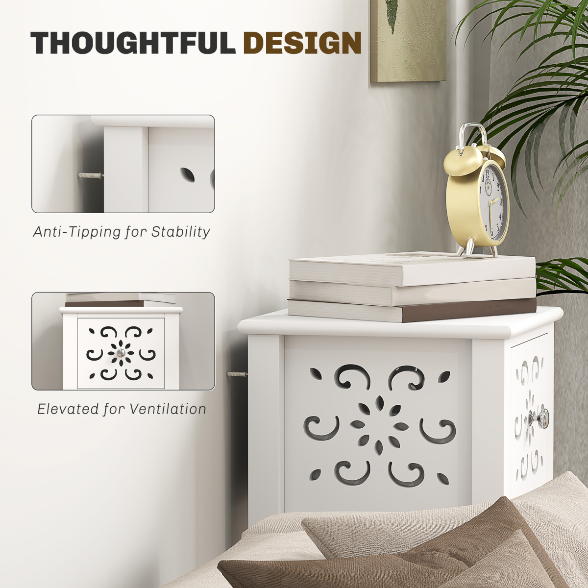 Elegant Floral Cut-Out Bedside Table Set with Drawer & Storage - White