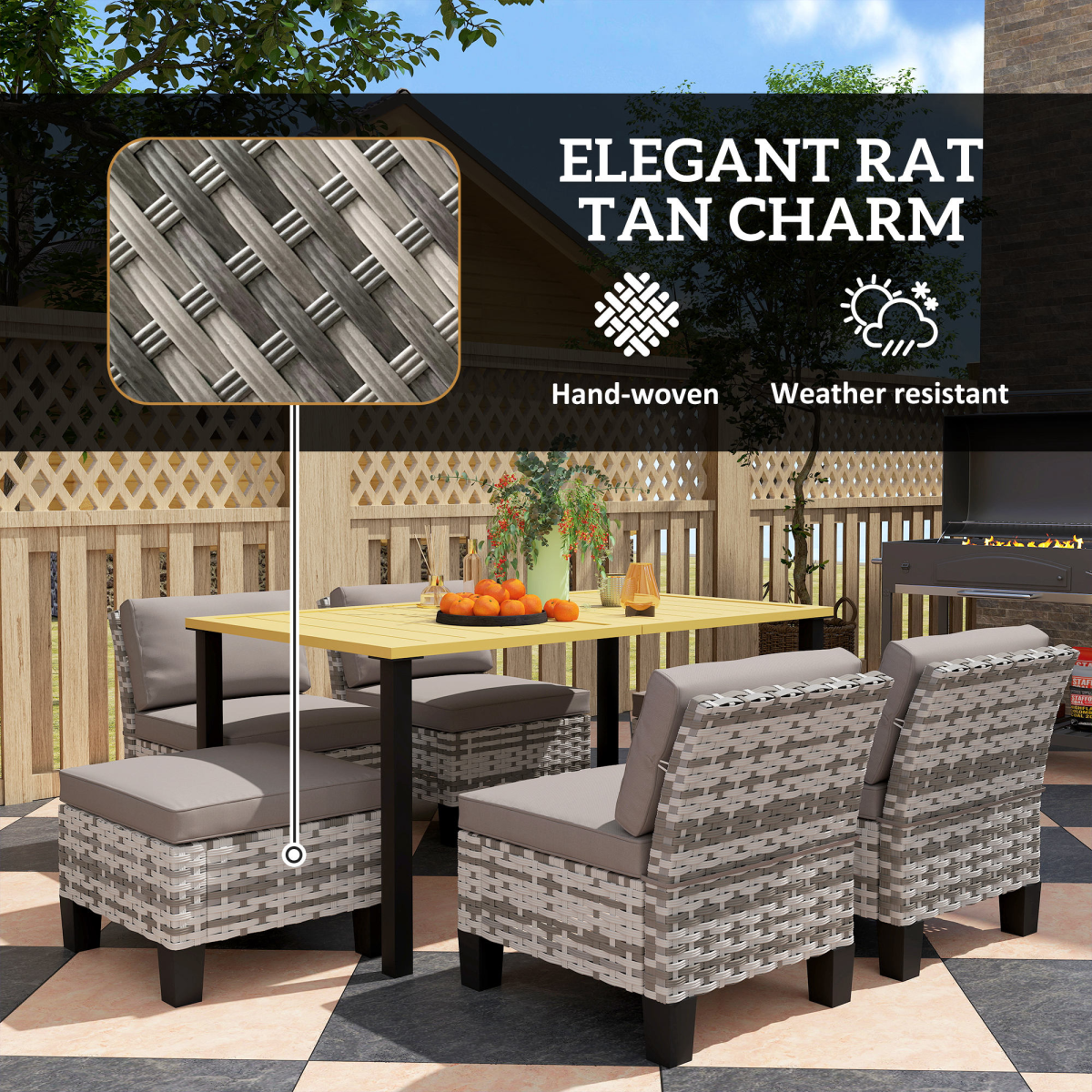 7-Piece Grey Rattan Garden Dining Set with Cushions & Umbrella Hole