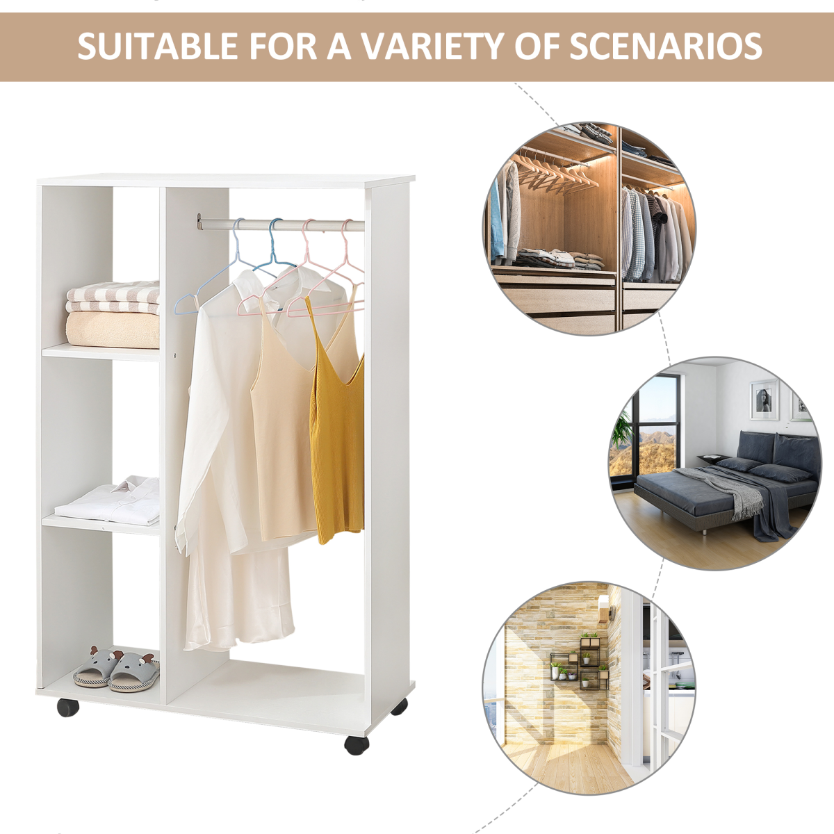 Versatile White Storage Wardrobe with Shelves & Wheels for Easy Organization
