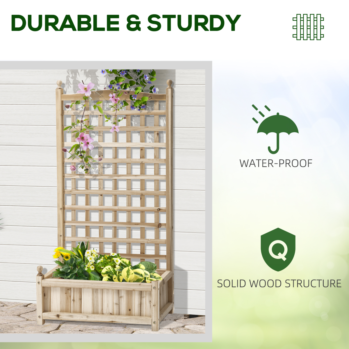 Raised Garden Bed with Trellis - Indoor/Outdoor Natural Fir Wood